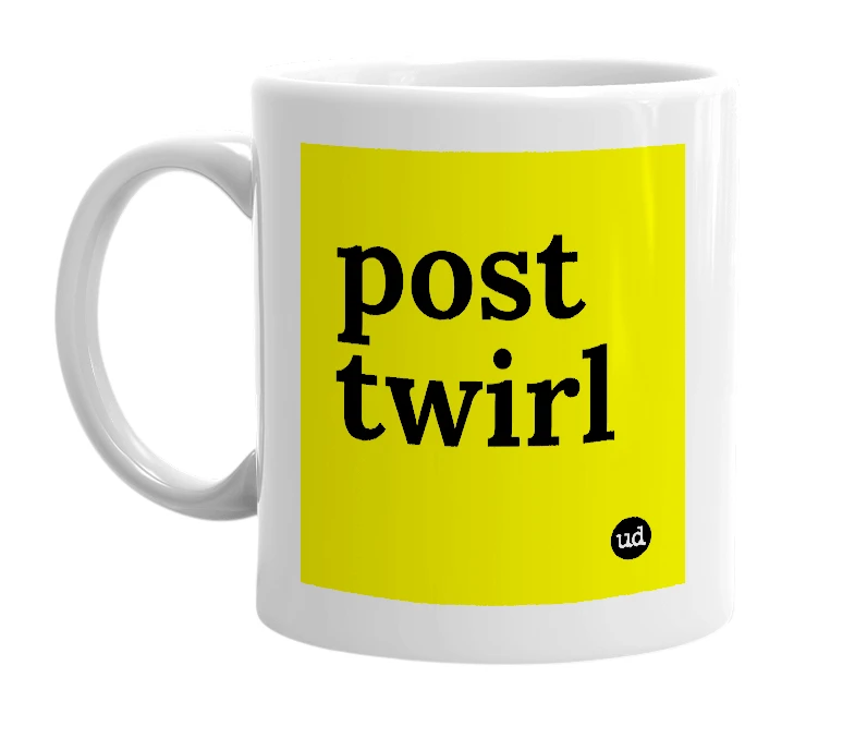 White mug with 'post twirl' in bold black letters