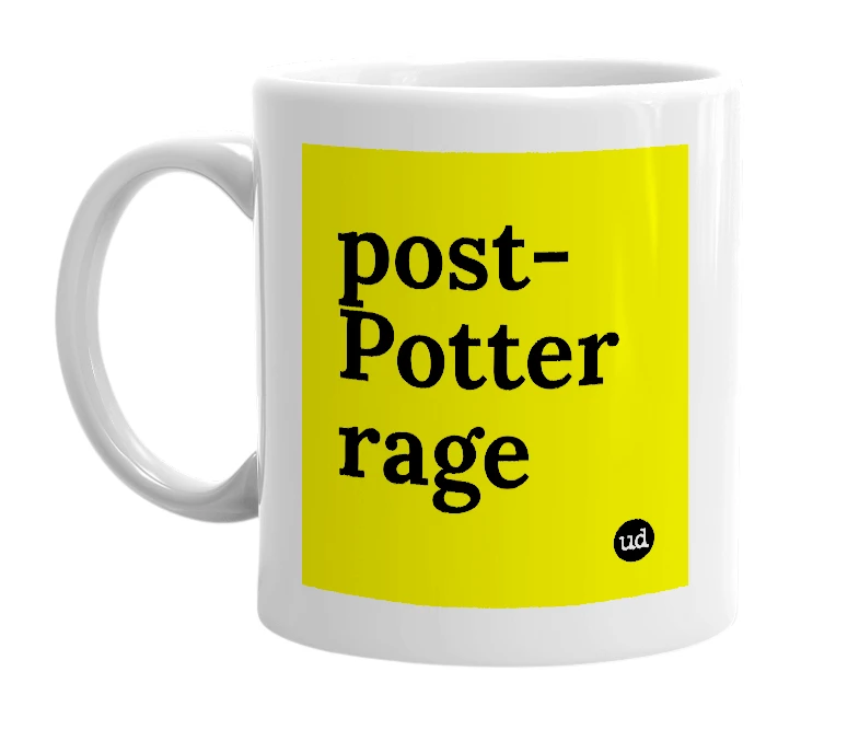 White mug with 'post-Potter rage' in bold black letters