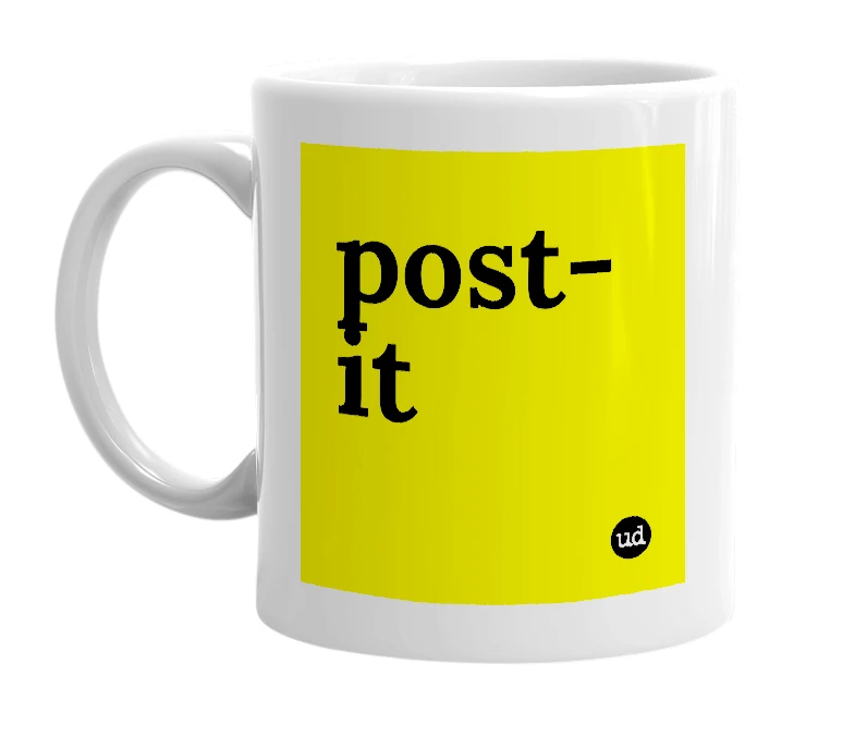 White mug with 'post-it' in bold black letters