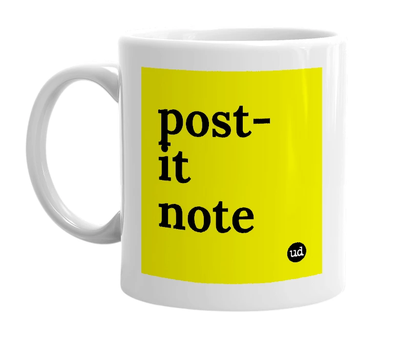 White mug with 'post-it note' in bold black letters