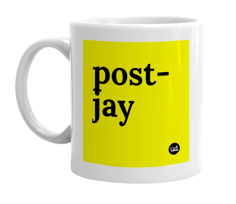 White mug with 'post-jay' in bold black letters