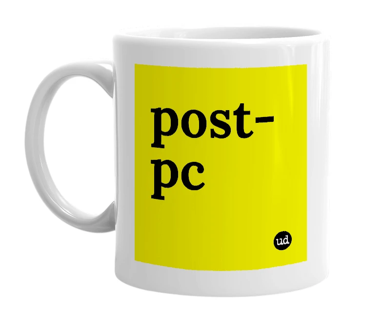 White mug with 'post-pc' in bold black letters