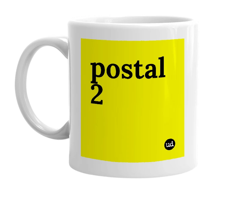 White mug with 'postal 2' in bold black letters
