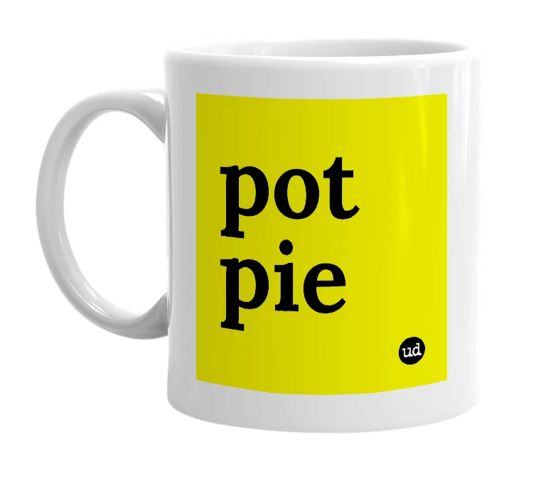 White mug with 'pot pie' in bold black letters