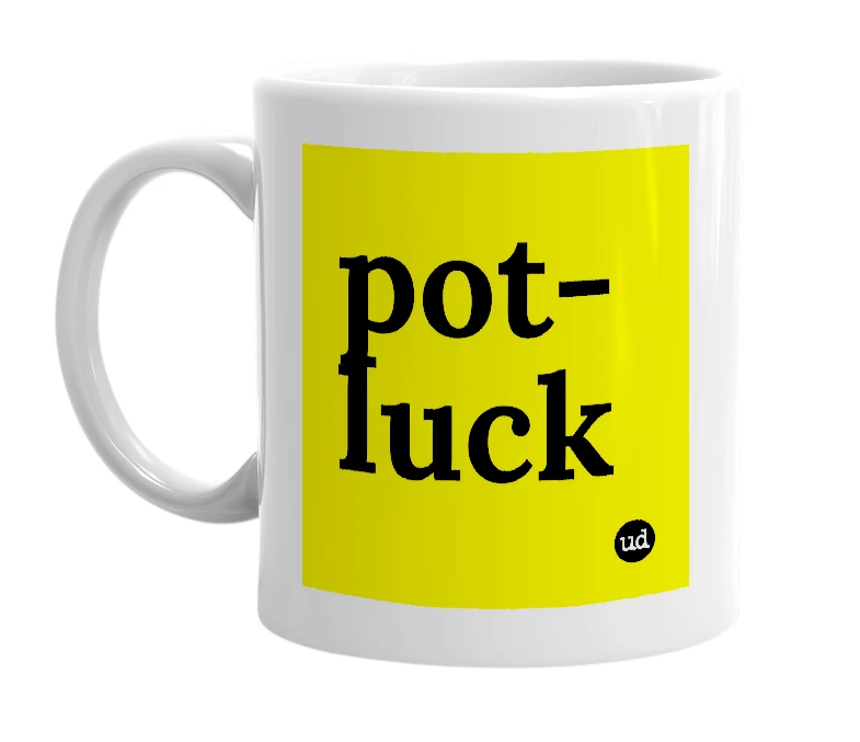 White mug with 'pot-luck' in bold black letters