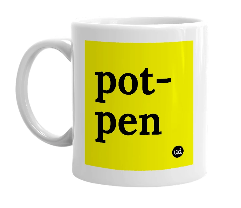 White mug with 'pot-pen' in bold black letters