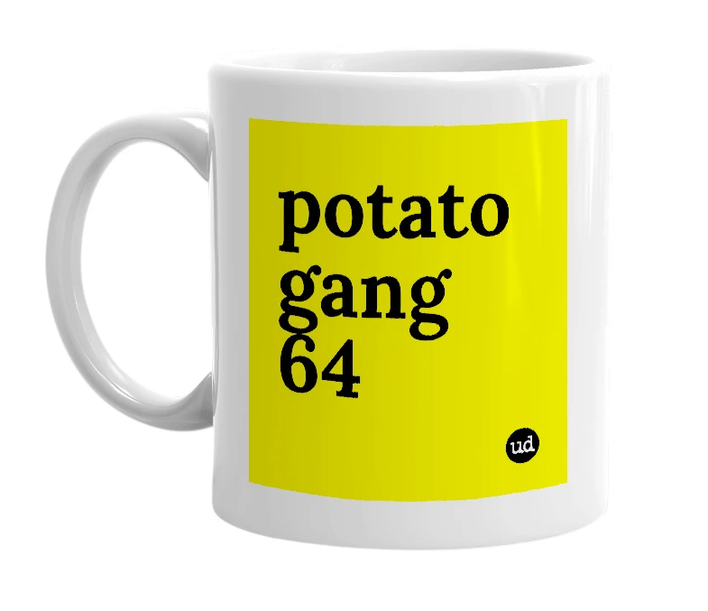 White mug with 'potato gang 64' in bold black letters