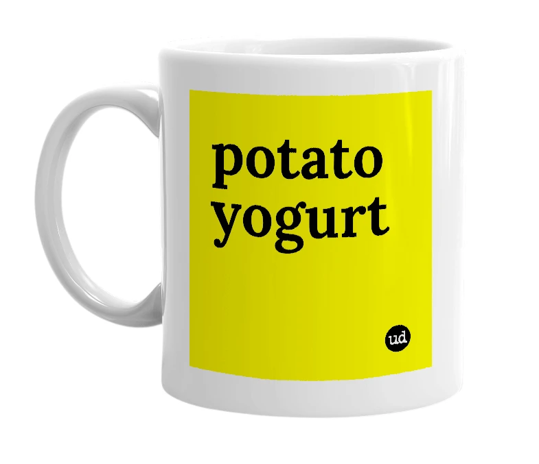 White mug with 'potato yogurt' in bold black letters