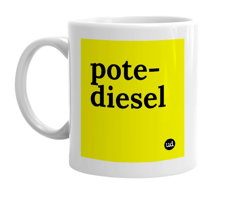 White mug with 'pote-diesel' in bold black letters