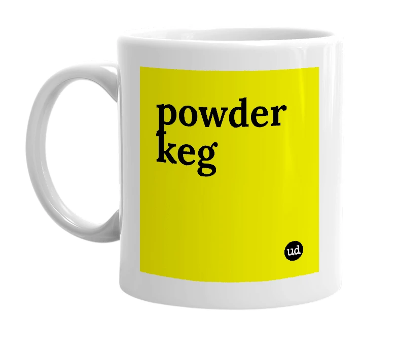 White mug with 'powder keg' in bold black letters