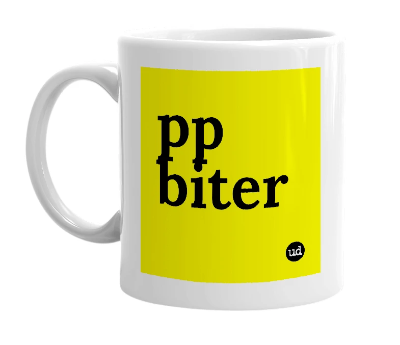 White mug with 'pp biter' in bold black letters