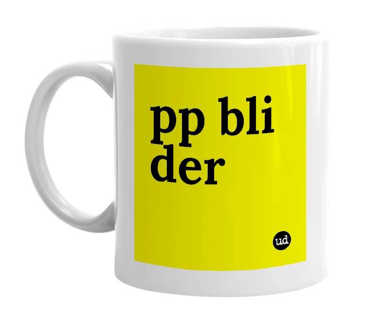 White mug with 'pp bli der' in bold black letters