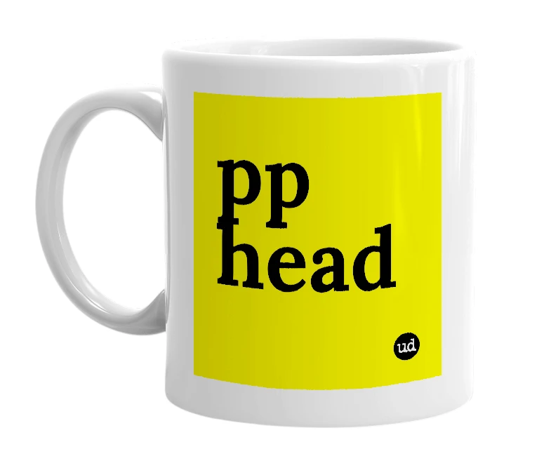 White mug with 'pp head' in bold black letters