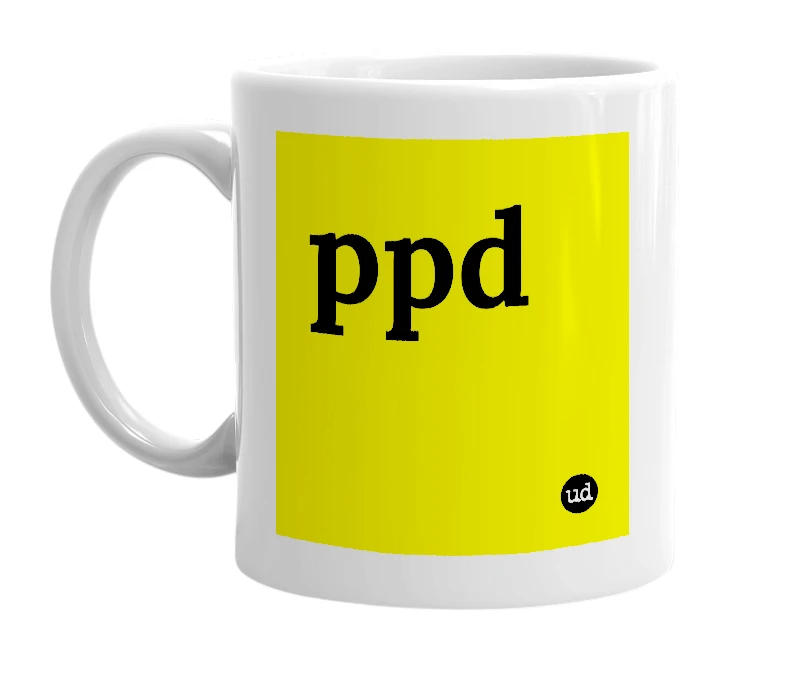 White mug with 'ppd' in bold black letters