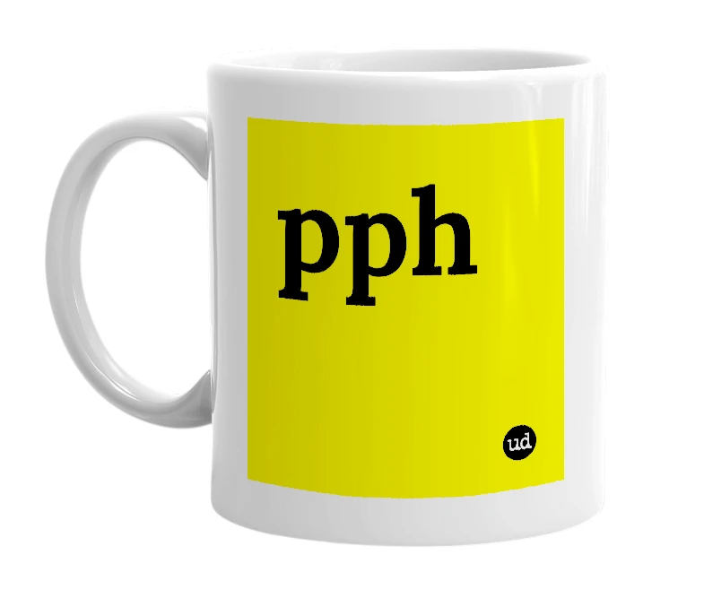 White mug with 'pph' in bold black letters