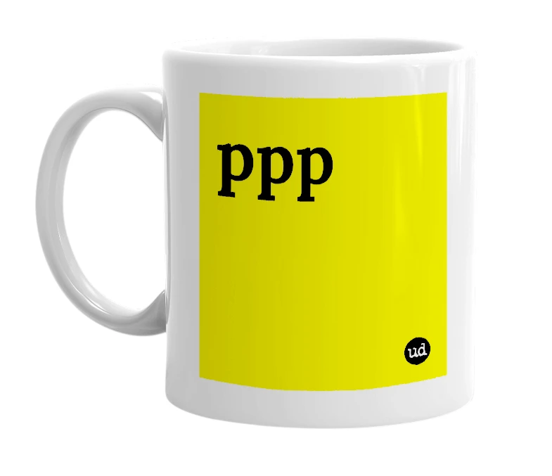 White mug with 'ppp' in bold black letters