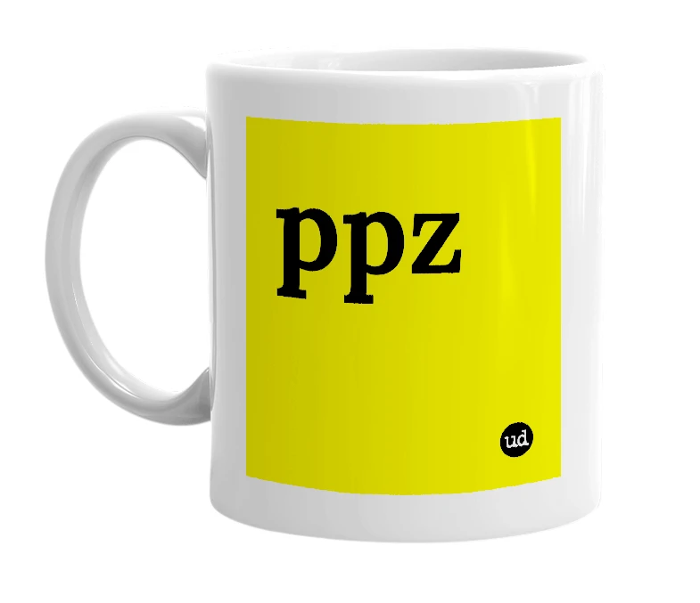 White mug with 'ppz' in bold black letters