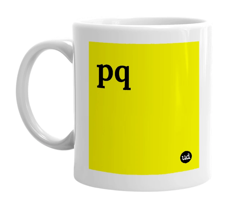White mug with 'pq' in bold black letters