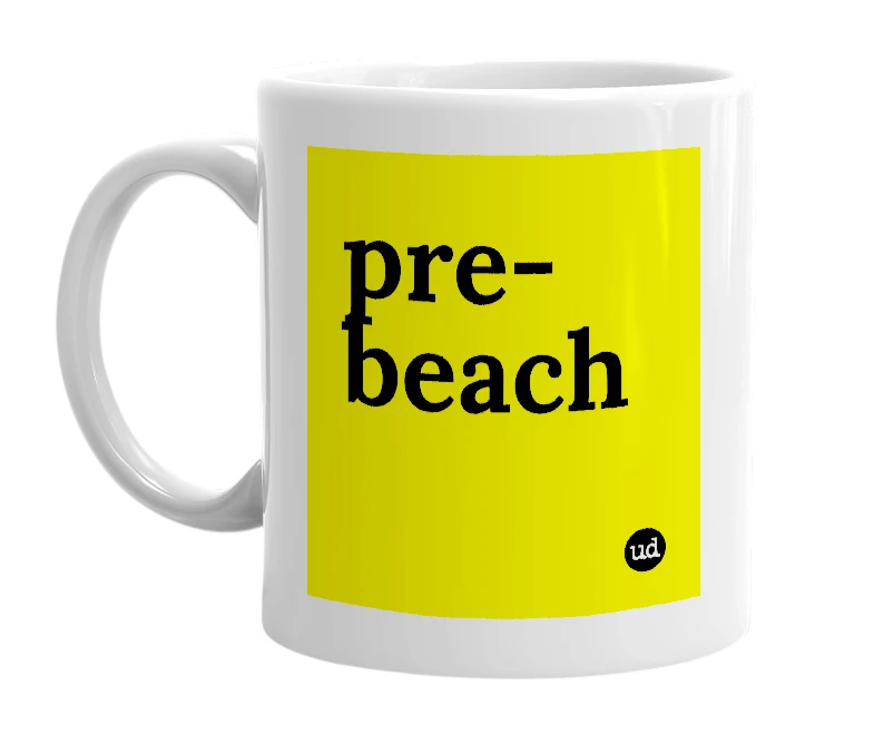 White mug with 'pre-beach' in bold black letters