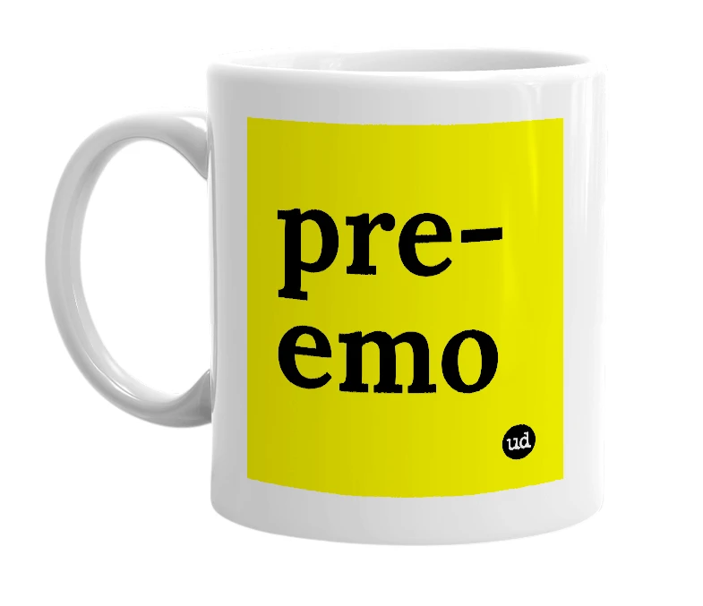 White mug with 'pre-emo' in bold black letters