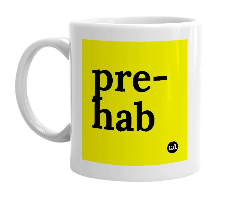 White mug with 'pre-hab' in bold black letters