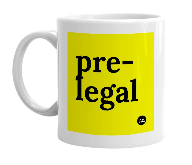 White mug with 'pre-legal' in bold black letters