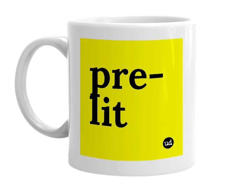 White mug with 'pre-lit' in bold black letters