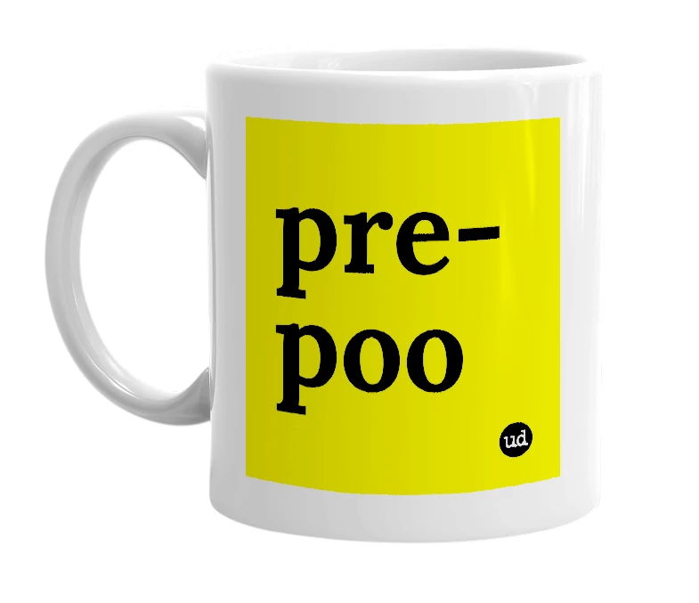 White mug with 'pre-poo' in bold black letters