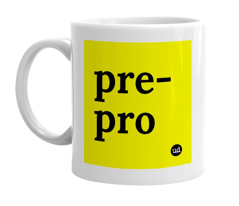 White mug with 'pre-pro' in bold black letters