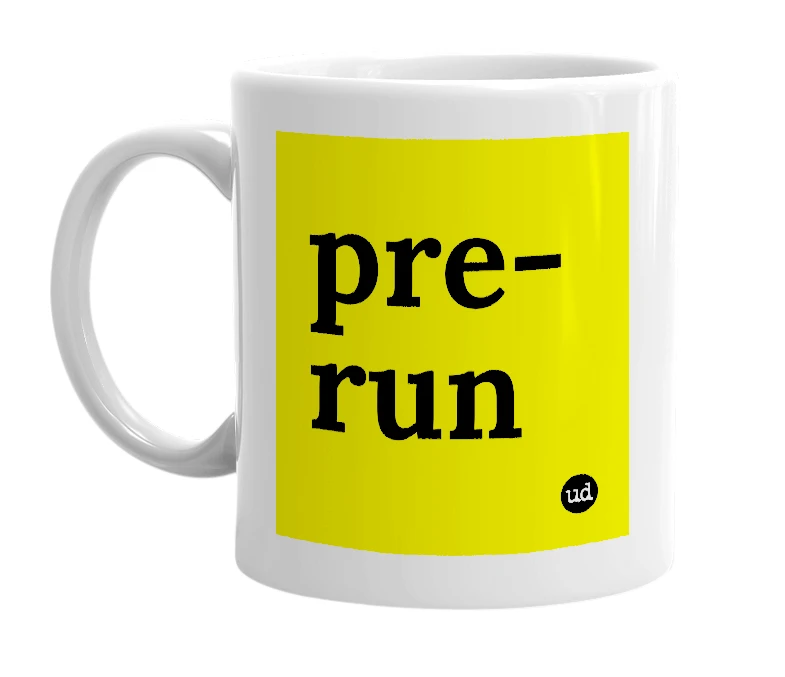 White mug with 'pre-run' in bold black letters