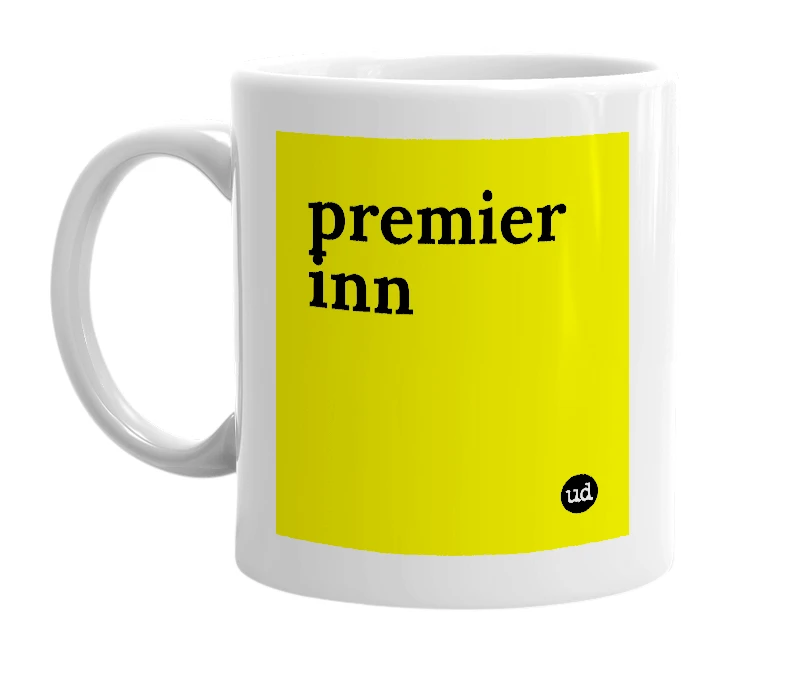 White mug with 'premier inn' in bold black letters