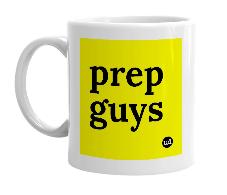 White mug with 'prep guys' in bold black letters