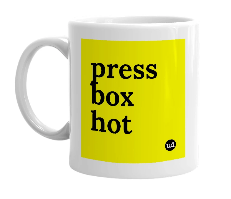 White mug with 'press box hot' in bold black letters