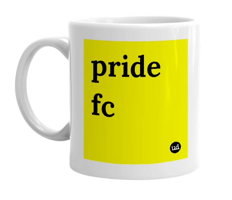 White mug with 'pride fc' in bold black letters