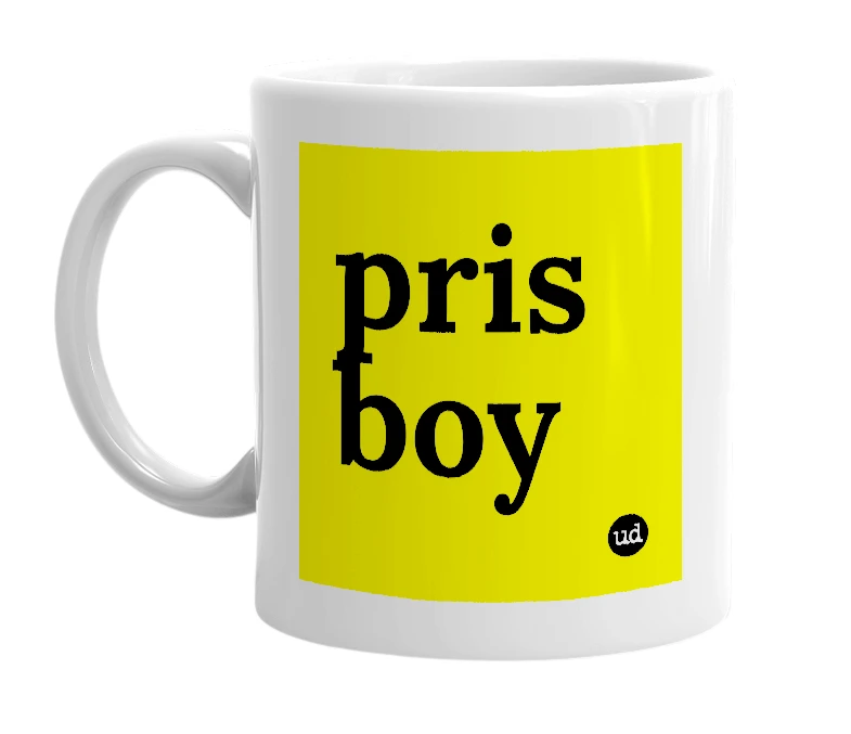 White mug with 'pris boy' in bold black letters