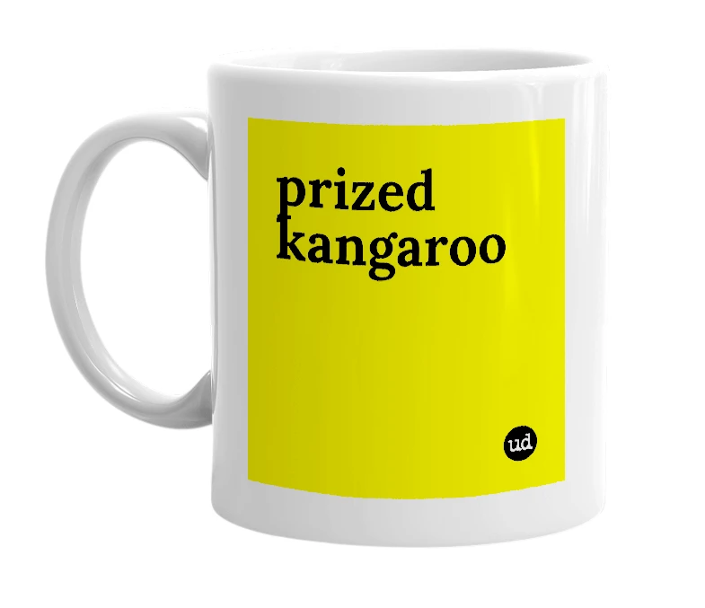 White mug with 'prized kangaroo' in bold black letters