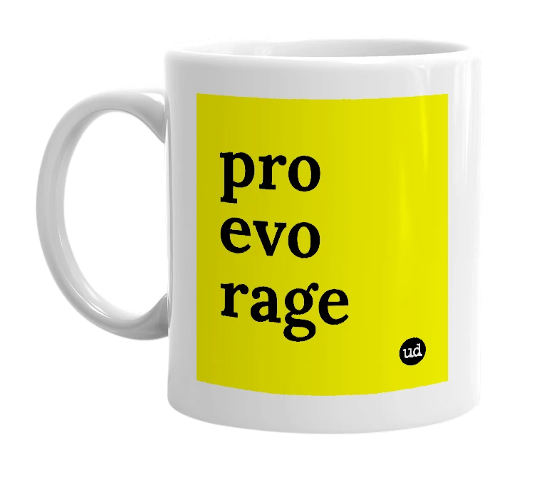 White mug with 'pro evo rage' in bold black letters