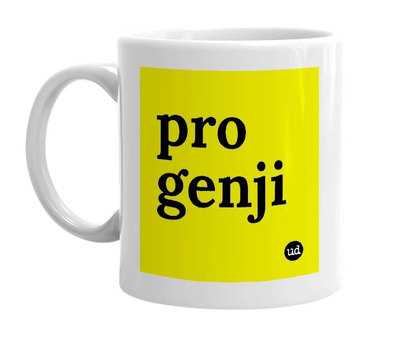 White mug with 'pro genji' in bold black letters