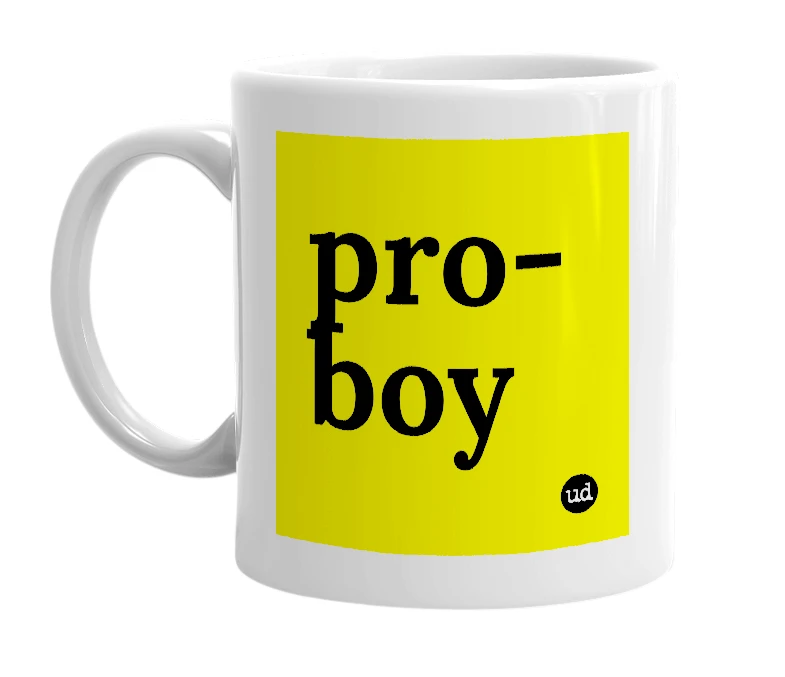 White mug with 'pro-boy' in bold black letters