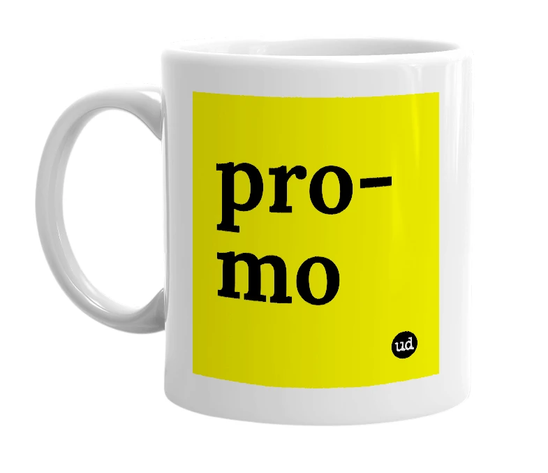 White mug with 'pro-mo' in bold black letters