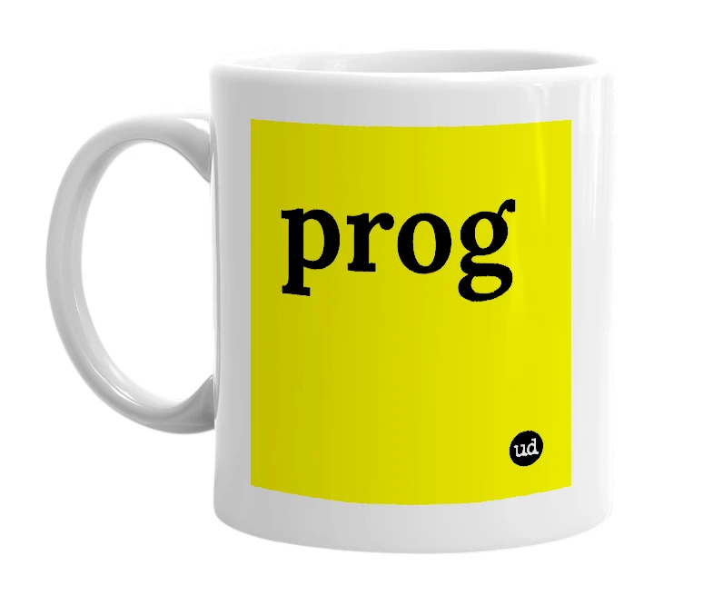 White mug with 'prog' in bold black letters