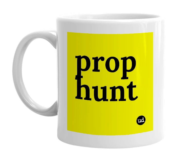 White mug with 'prop hunt' in bold black letters