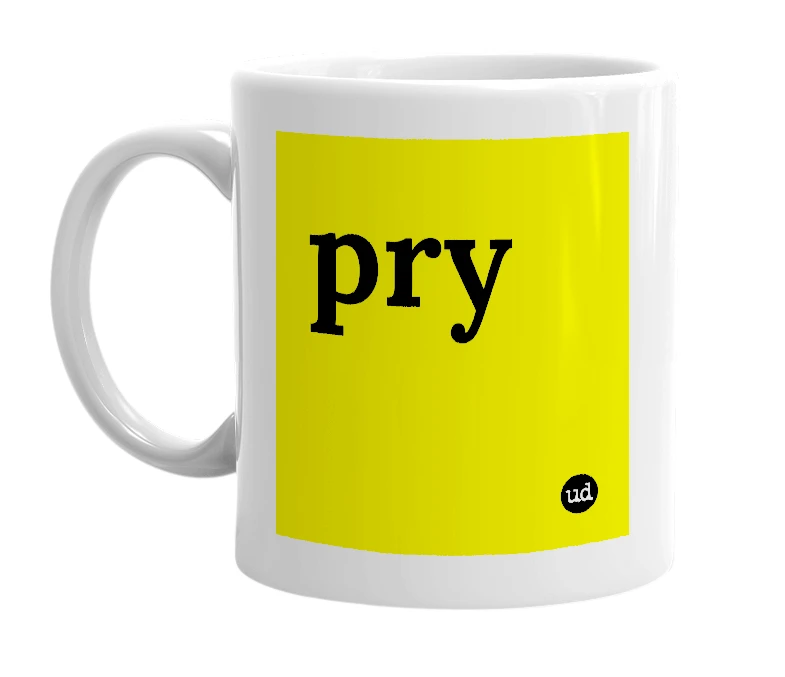 White mug with 'pry' in bold black letters