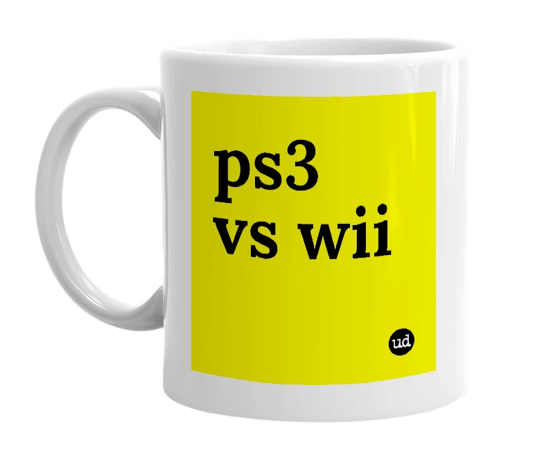 White mug with 'ps3 vs wii' in bold black letters