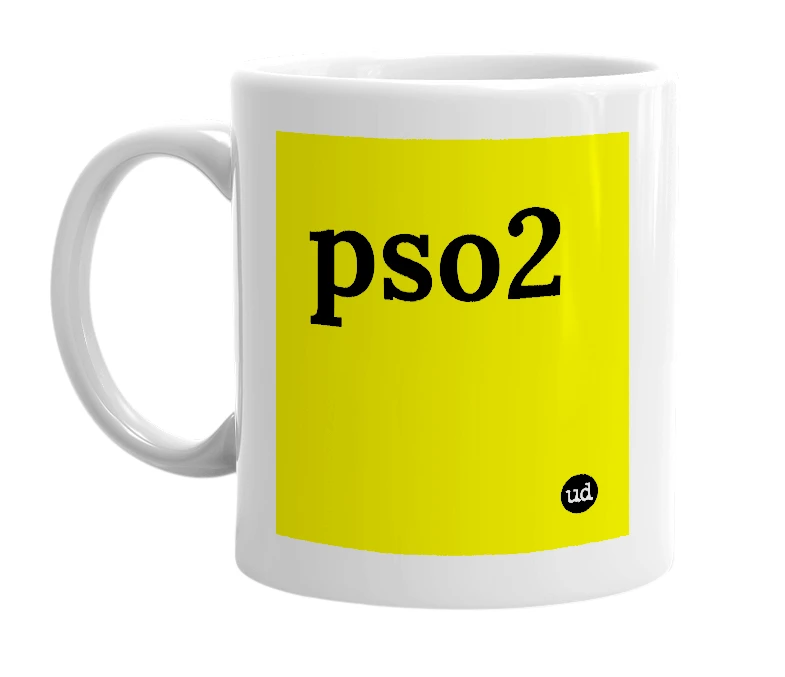 White mug with 'pso2' in bold black letters