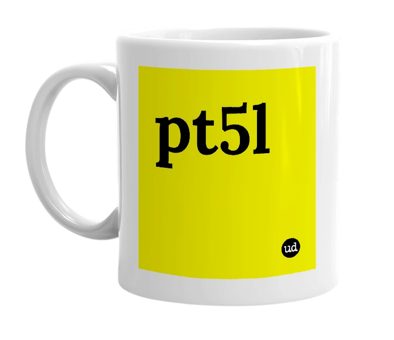 White mug with 'pt5l' in bold black letters