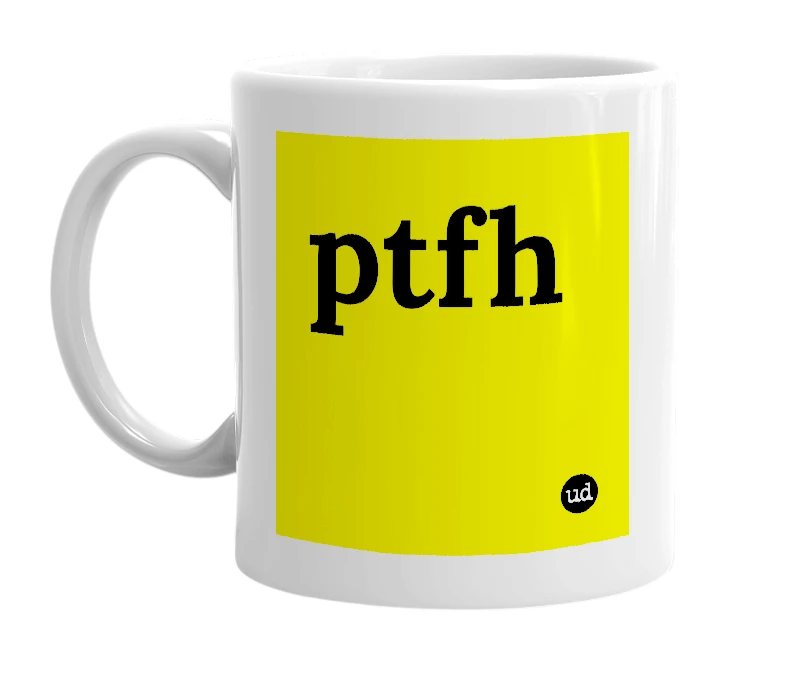 White mug with 'ptfh' in bold black letters