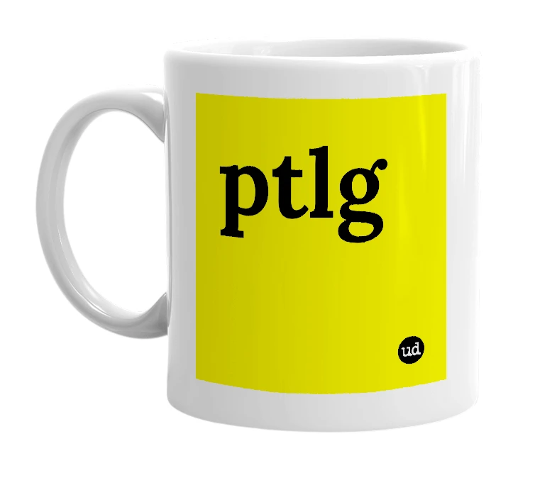 White mug with 'ptlg' in bold black letters