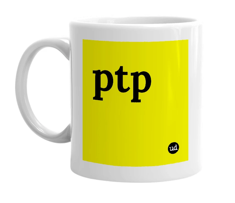 White mug with 'ptp' in bold black letters