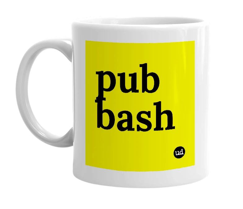 White mug with 'pub bash' in bold black letters